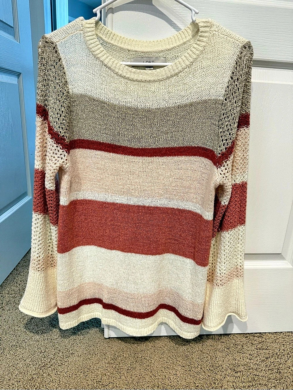 LOFT Striped Crewneck Sweater in Cream & Mauve